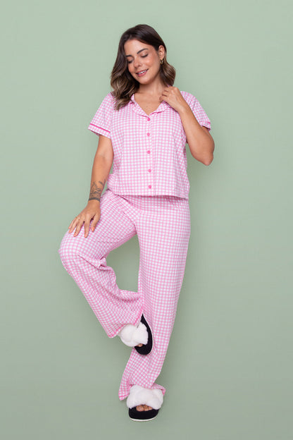 Women's Long Pajama Set in Pink Plaid