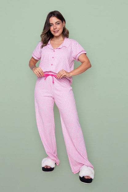 Women's Long Pajama Set in Pink Plaid