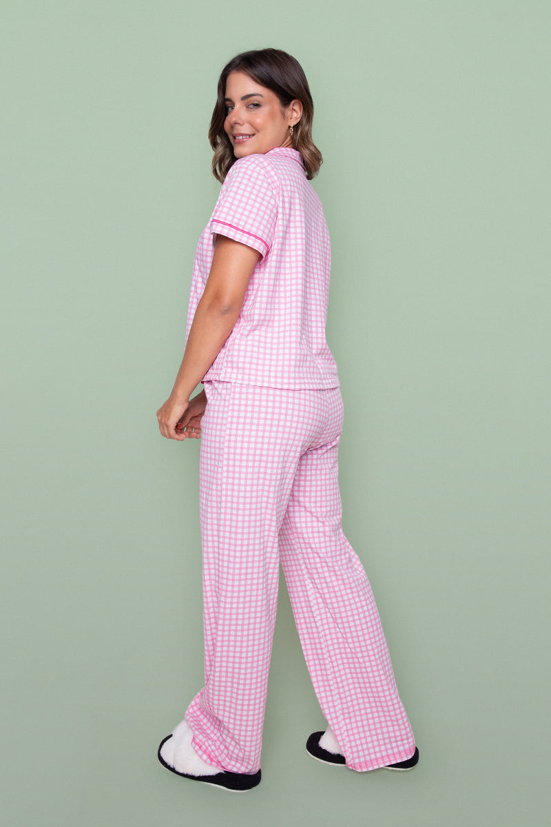 Women's Long Pajama Set in Pink Plaid
