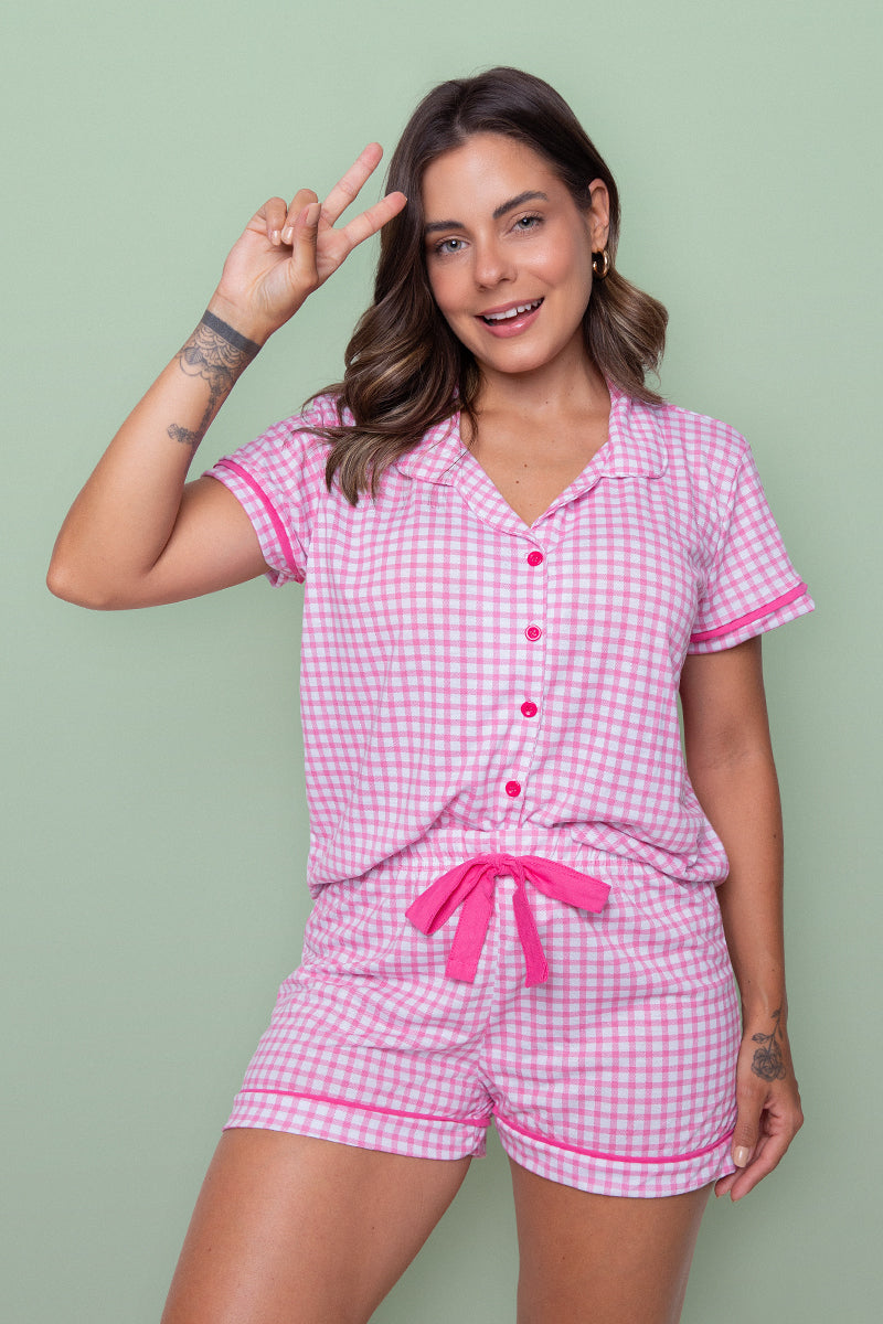 Women's Short Pajama Set in Pink Check