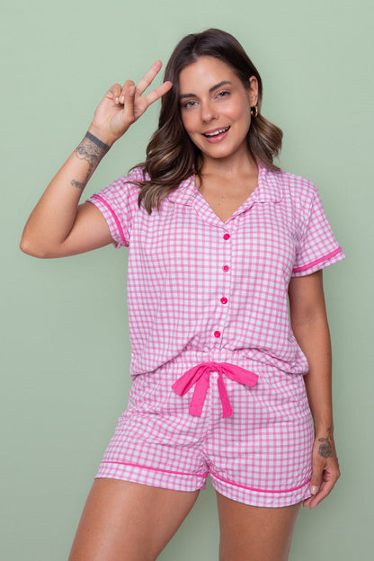 Women's Short Pajama Set in Pink Check