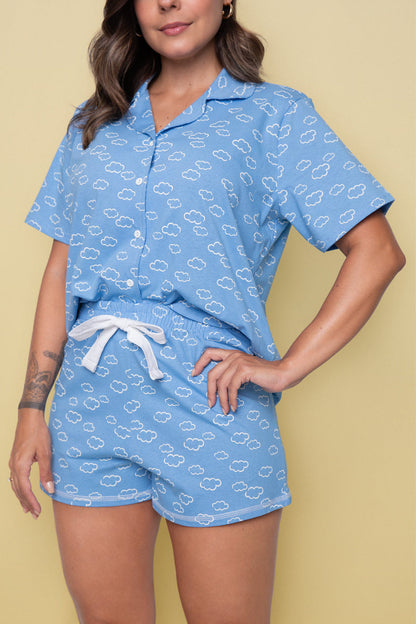 Women's Short Cotton Pajama Set in Blue Cloud