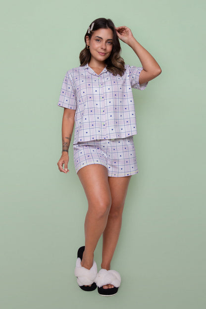 Women's Short Pajama Set in Checkered Hearts