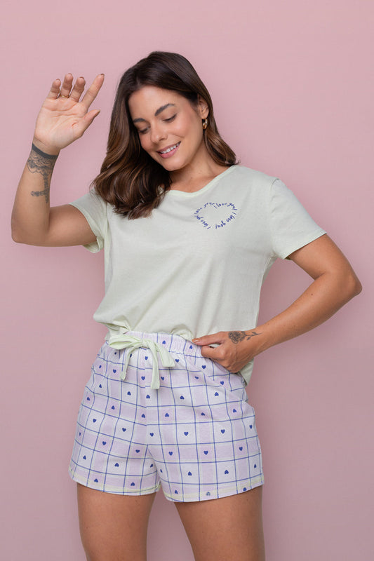 Women's Short Cotton Pajama Set in Lime Heart