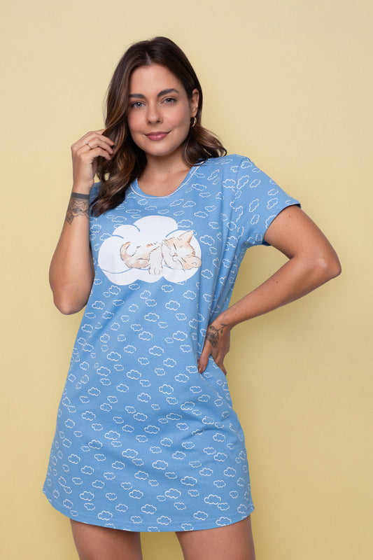 Women's Cotton Nightgown in Blue Cloud