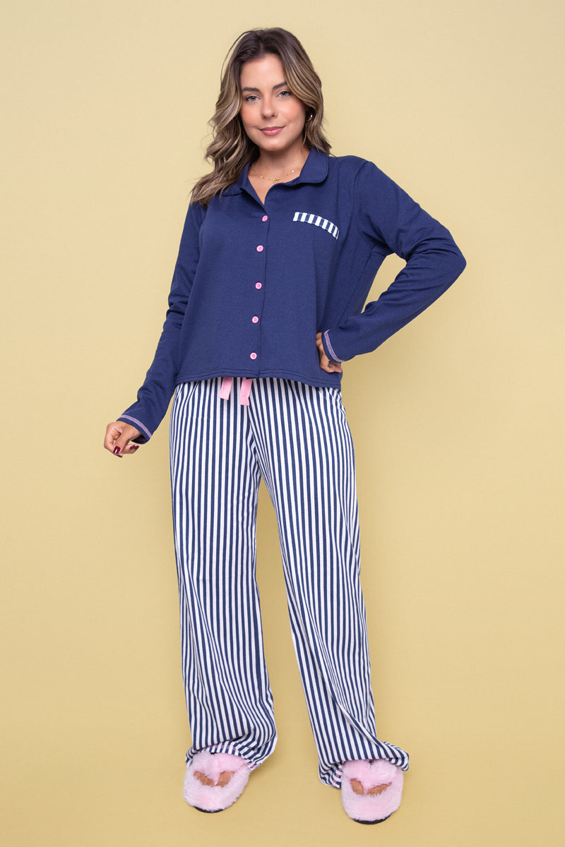Women's Long Cotton Pajama Striped Navy