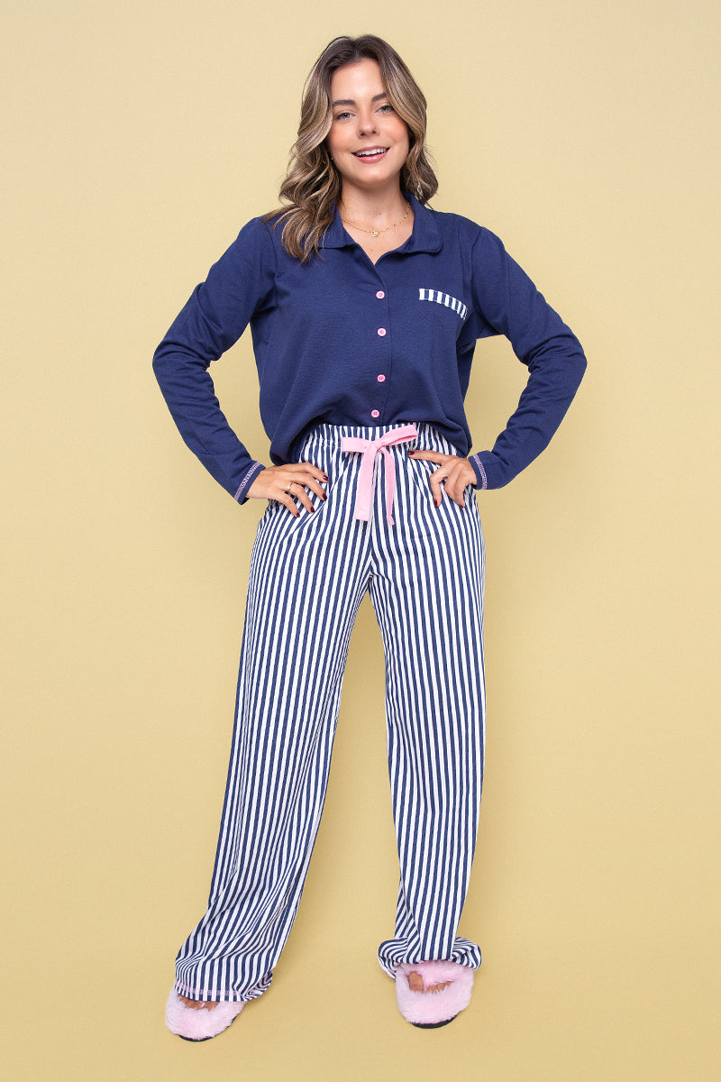 Women's Long Cotton Pajama Striped Navy