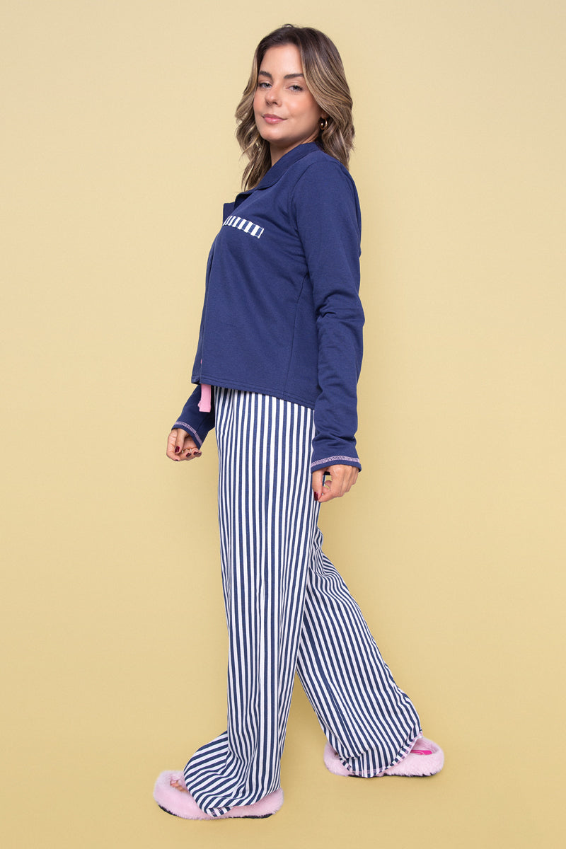 Women's Long Cotton Pajama Striped Navy
