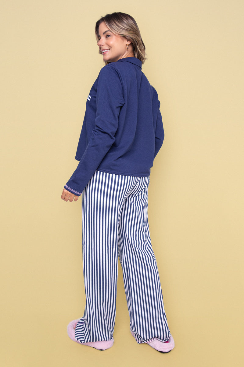Women's Long Cotton Pajama Striped Navy