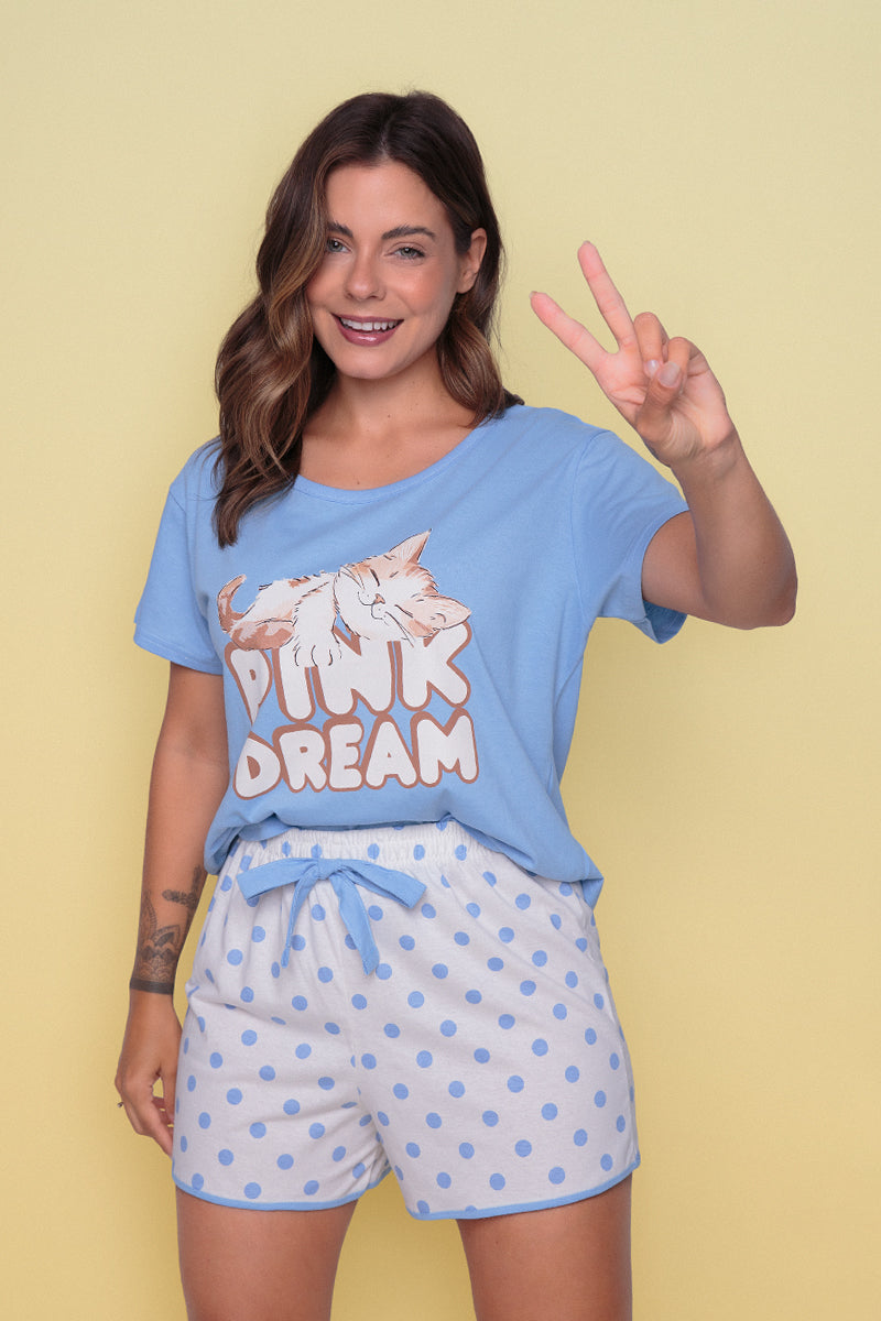 Women's Short Cotton Pajamas POA Blue Cat