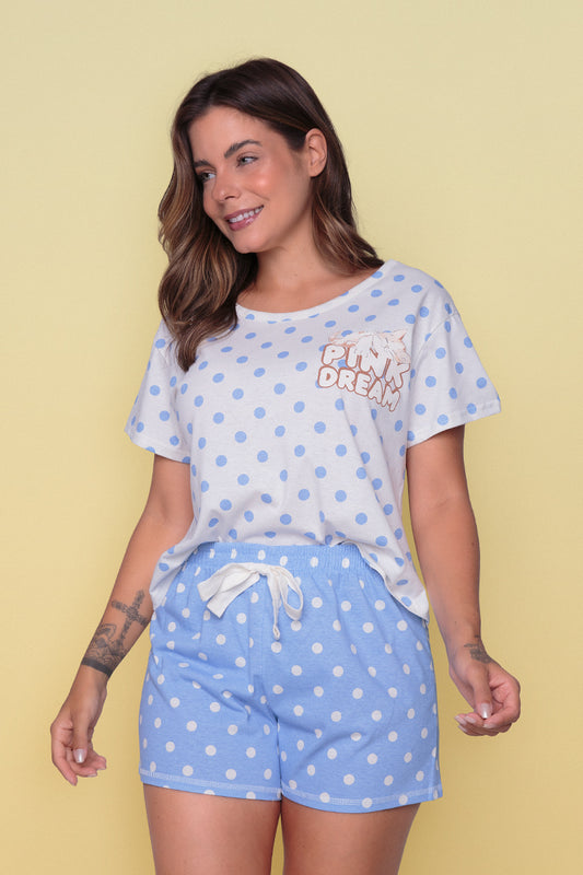 Women's Short Cotton Pajamas POA Blue Kitten