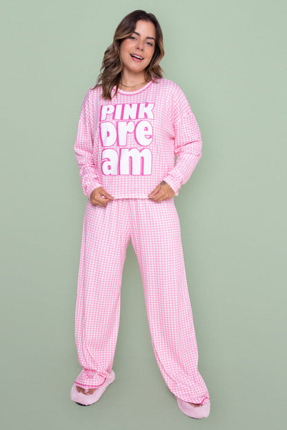 Women's Long Pajama Set in Soft Pink Plaid