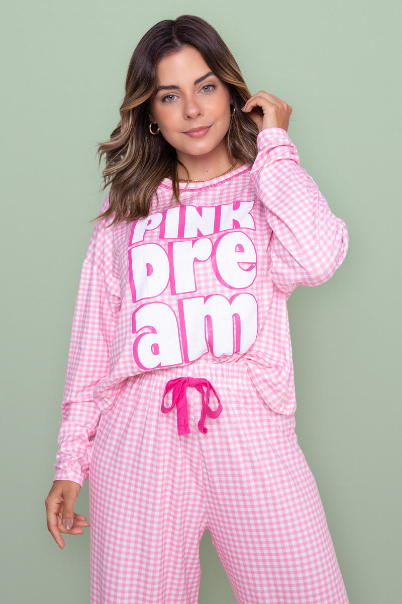 Women's Long Pajama Set in Soft Pink Plaid