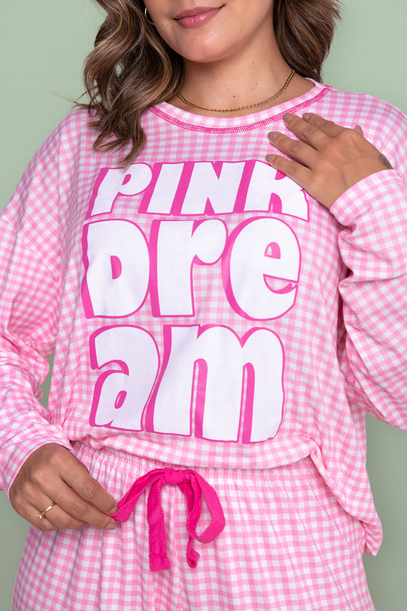 Women's Long Pajama Set in Soft Pink Plaid