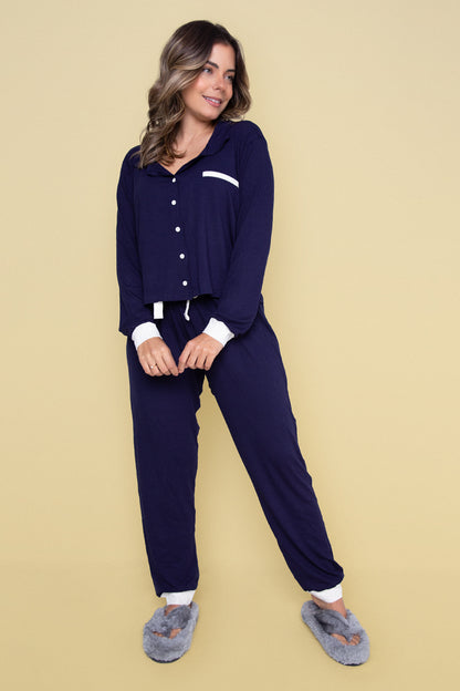 Women's Long American Pajama Navy Blue