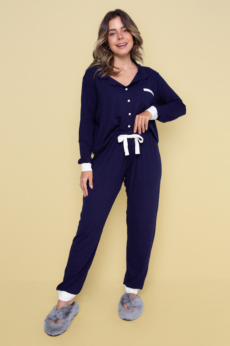 Women's Long American Pajama Navy Blue