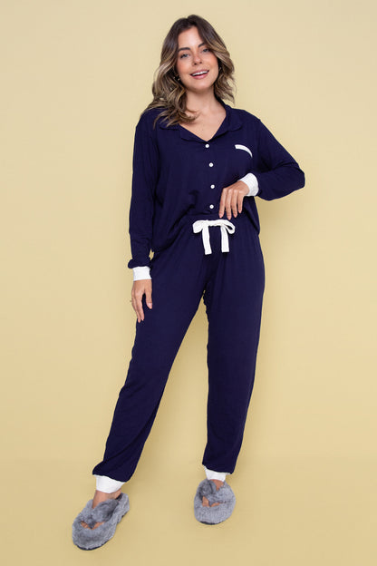 Women's Long American Pajama Navy Blue