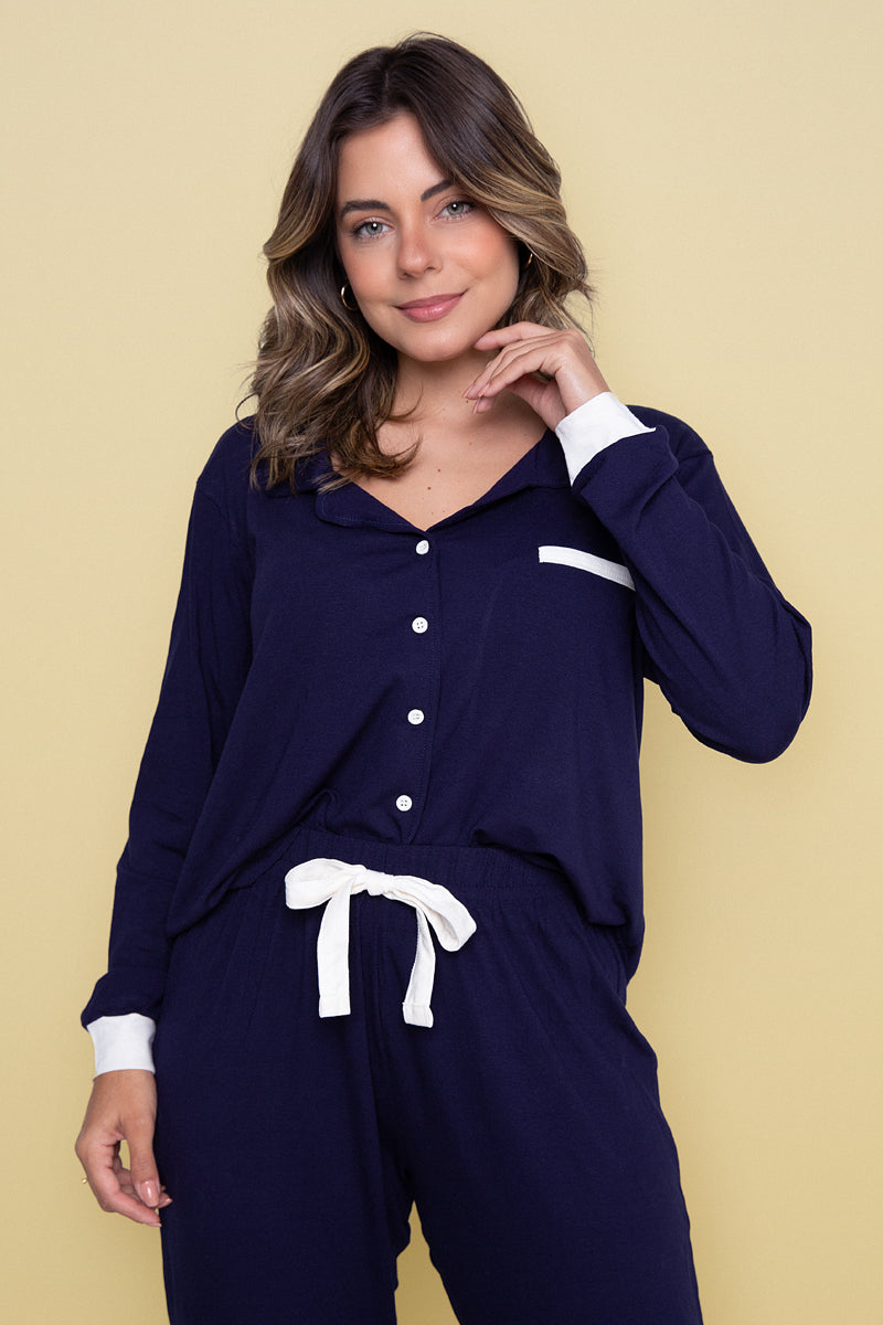 Women's Long American Pajama Navy Blue