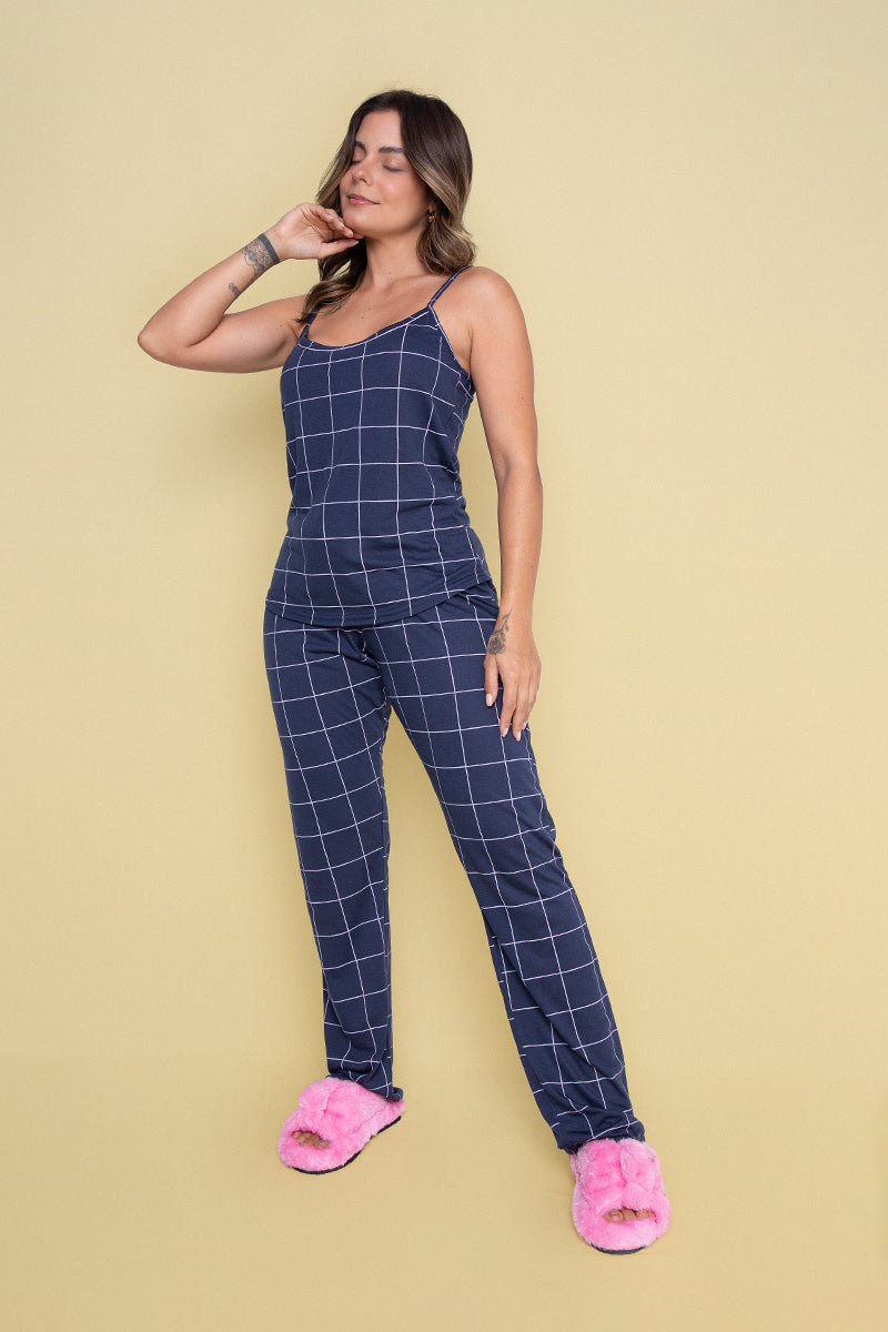 Women's Long Cami Pajama Set in Navy Plaid