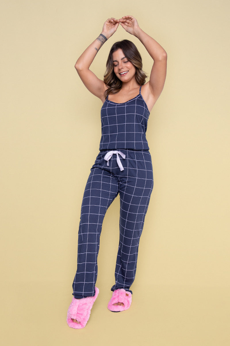 Women's Long Cami Pajama Set in Navy Plaid
