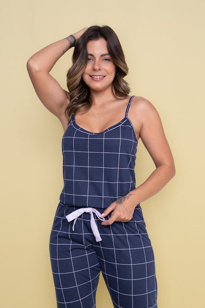Women's Long Cami Pajama Set in Navy Plaid