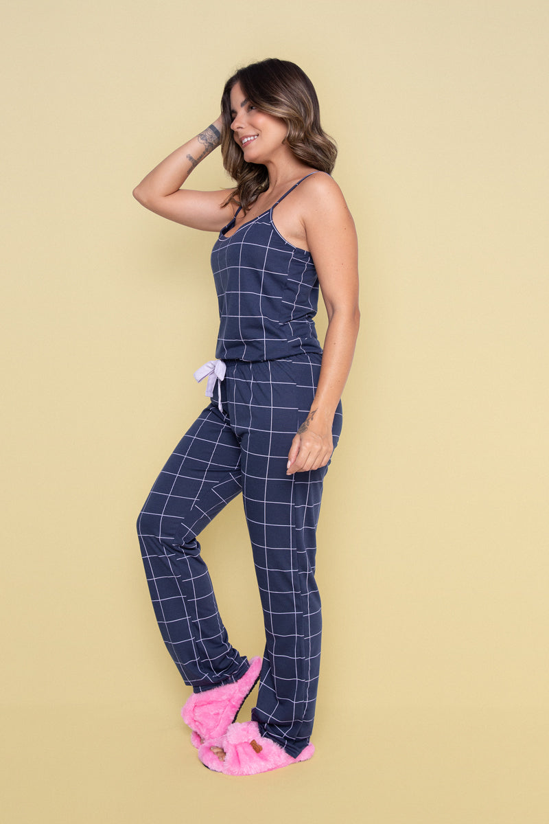 Women's Long Cami Pajama Set in Navy Plaid
