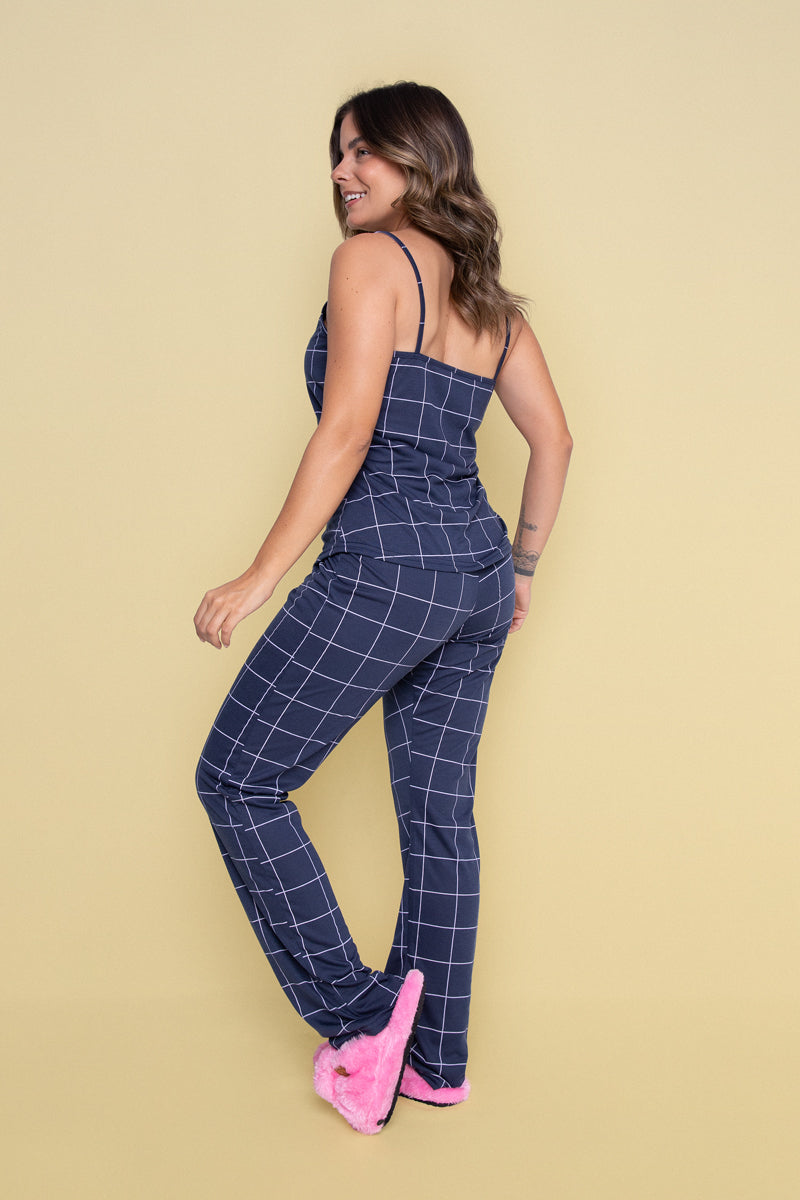 Women's Long Cami Pajama Set in Navy Plaid