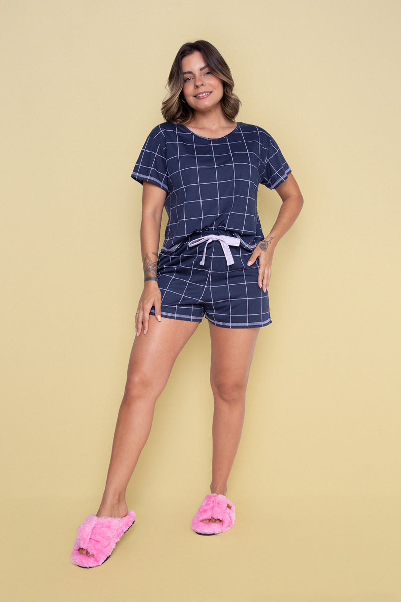 Women's Short Pajama Set in Pink & Navy Plaid
