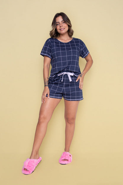 Women's Short Pajama Set in Pink & Navy Plaid