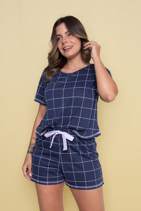 Women's Short Pajama Set in Pink & Navy Plaid