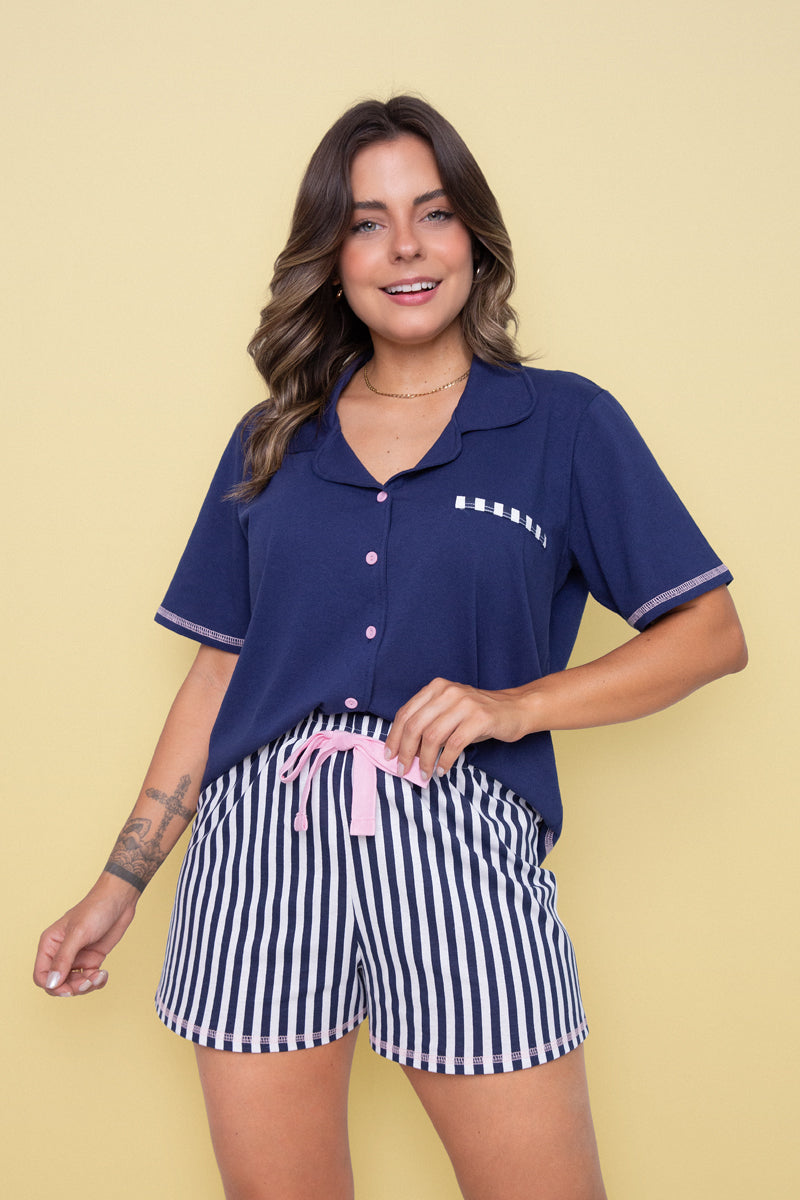 Women´s Cotton Short Pajama Navy Striped