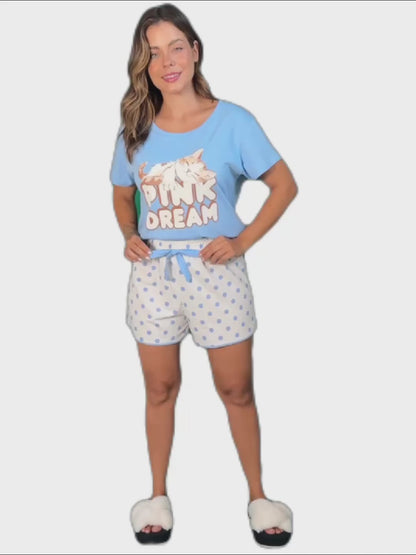 Women's Short Cotton Pajamas POA Blue Cat