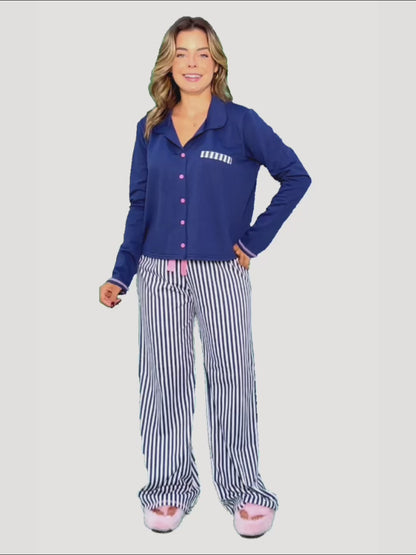 Women's Long Cotton Pajama Striped Navy