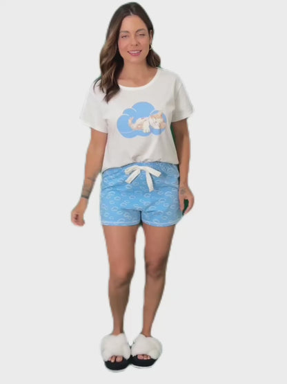 Women's Short Cotton Pajama Set in Cloud Cat