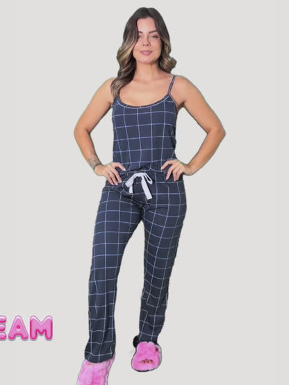 Women's Long Cami Pajama Set in Navy Plaid