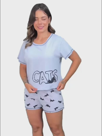Women's Short Pajama Set in Blue Cats