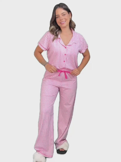 Women's Long Pajama Set in Pink Plaid