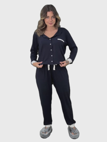 Women's Long American Pajama Navy Blue