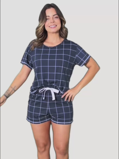 Women's Short Pajama Set in Pink & Navy Plaid