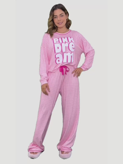 Women's Long Pajama Set in Soft Pink Plaid